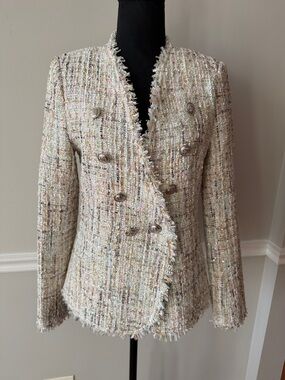 Aqua Cream Multi Tweed Double-Breasted Frayed Jacket